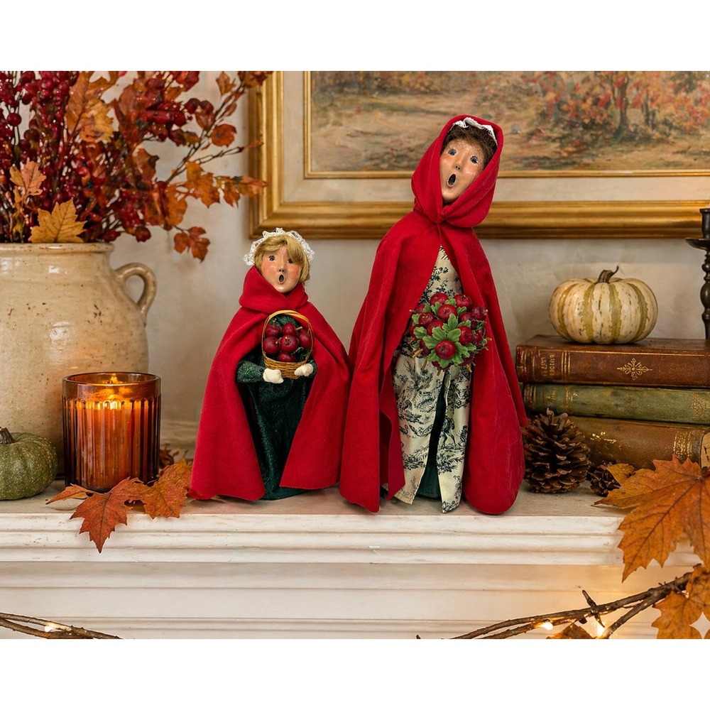 Byers Choice‎ Carolers Colonial Willamsburg Lady Girl Pair Applecone Basket 2002